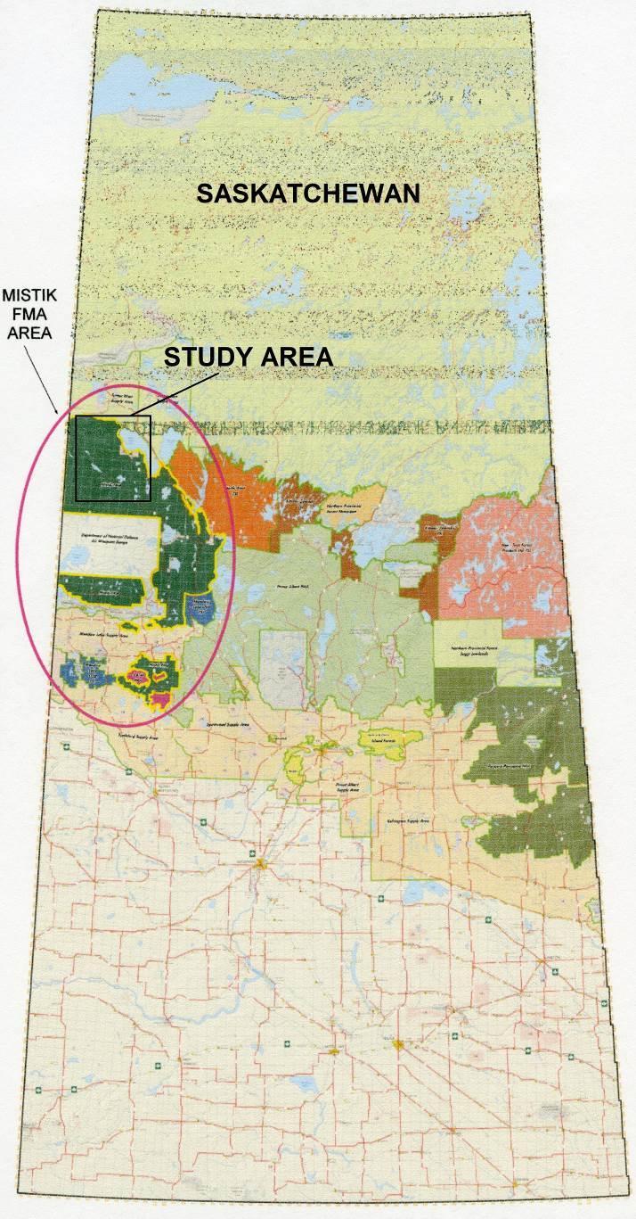 PROULX and GILLIS 81 Figure 1. Location of the study area in northwest Saskatchewan. survey. Such proportions were used to estimate the expected frequency of caribou tracks in each habitat type, i.e., the distribution of tracks according to the availability of habitats surveyed if animals were randomly using all habitats.