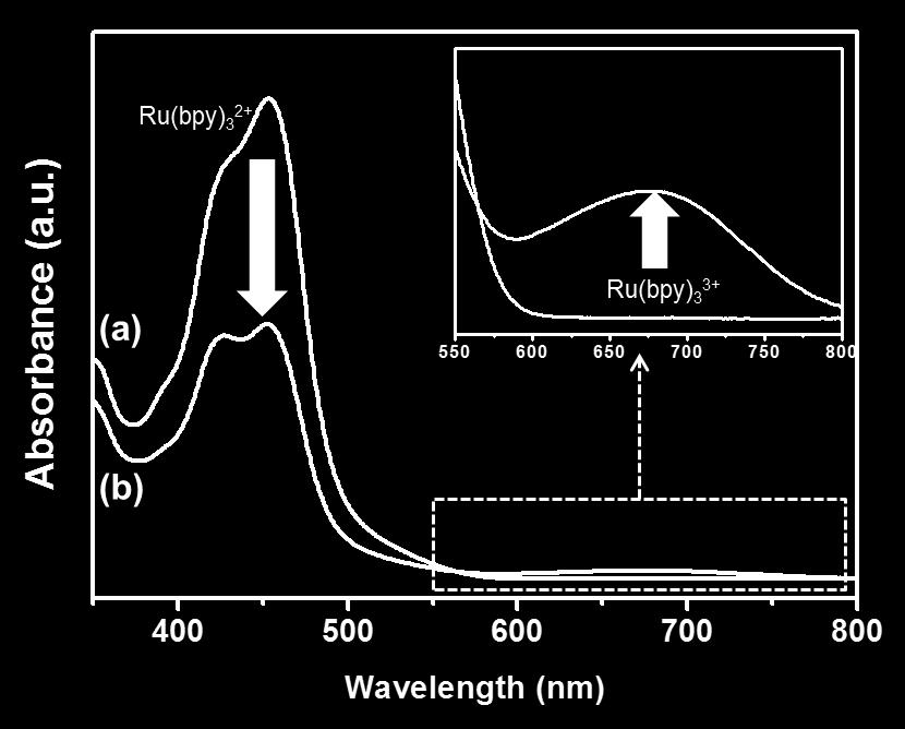 0) buffer (a) before and (b) after visible light irradiation (> 0 nm).