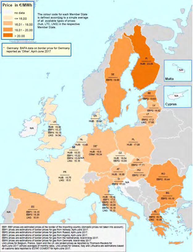Map 38 Comparison of EU wholesale gas prices in the