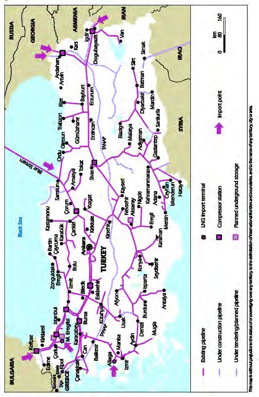 Turkey In terms of Turkey, Map 23 shows the existing and planned gas infrastructure projects. Map 23 Location of Turkey s gas projects Source: IEA (c) LNG Terminals in SE Europe I.