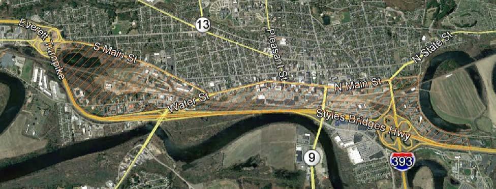 Figure 2 Downtown Concord within limits of orange hatching Along I-93, south of the Exit 14 ramps and between I-93 and the Storrs Street Market Basket