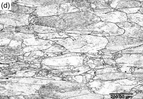 Figure 3 (c) exhibits deformed austenite microstructure but shows also beginning of recrystallisation while that shown in Figure 3 (d) exhibits a highly deformed microstructure with
