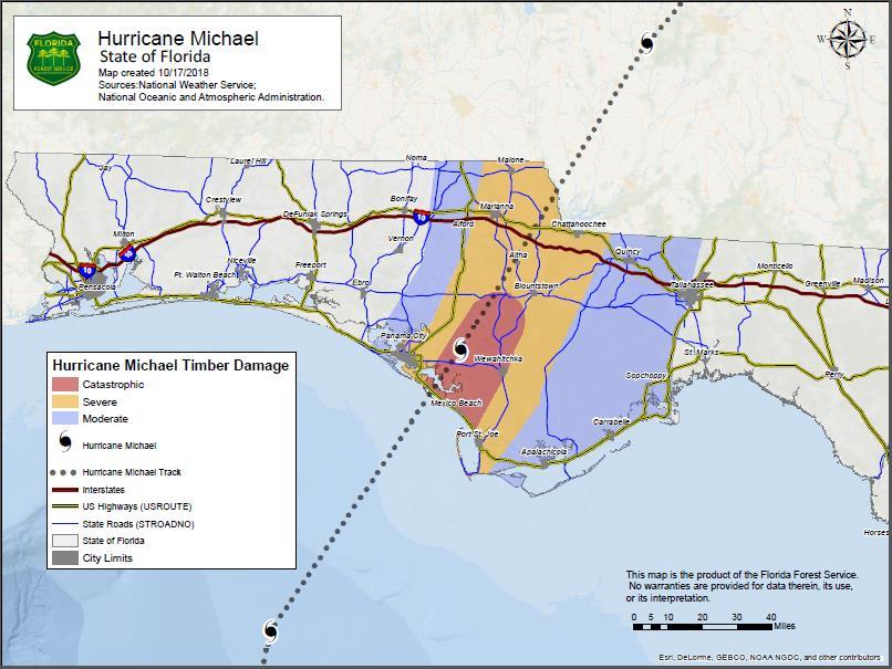 INTRODUCTION This request provides a summary of Hurricane Michael s impact on Florida s forest resources, an overview of damages and mitigation actions prescribed in response.