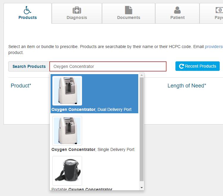 Launching a New DME Order > Add/Edit Product(s) To add products, use the search box to find the equipment needing prescribed.