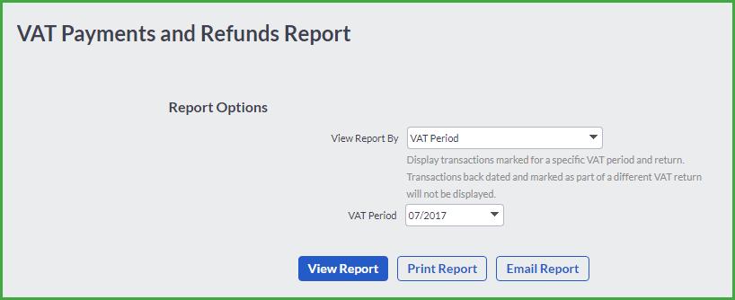 VAT Payments and Refunds Report This lists the payments made and refunds received from the revenue service.