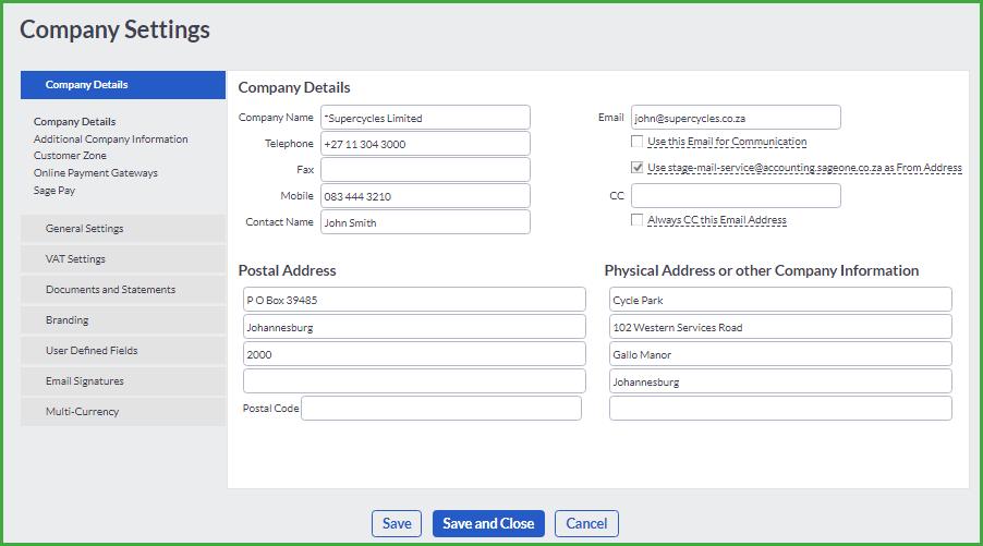 Company Details Section This section allows you to enter your company contact information, postal address, physical address or other company