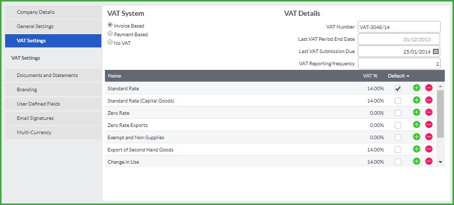 VAT Settings Tab In the VAT Settings section, you will select all the options relating to your company s VAT settings.