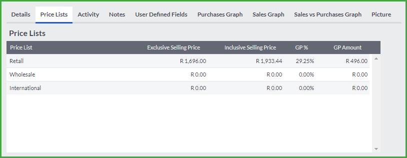 The Details Tab In the Details tab, you enter the exclusive or inclusive selling prices. You are able to enter your own purchase or selling prices on documents when you process them.