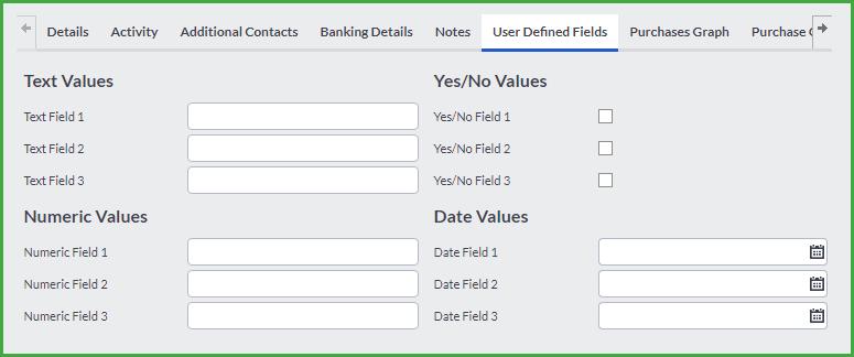 User Defined Fields Tab If you have set up User Defined fields in the Company Settings, you will enter the relevant information in this tab.