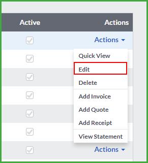 To edit a customer, click on the Actions option on the customer line and select the Edit