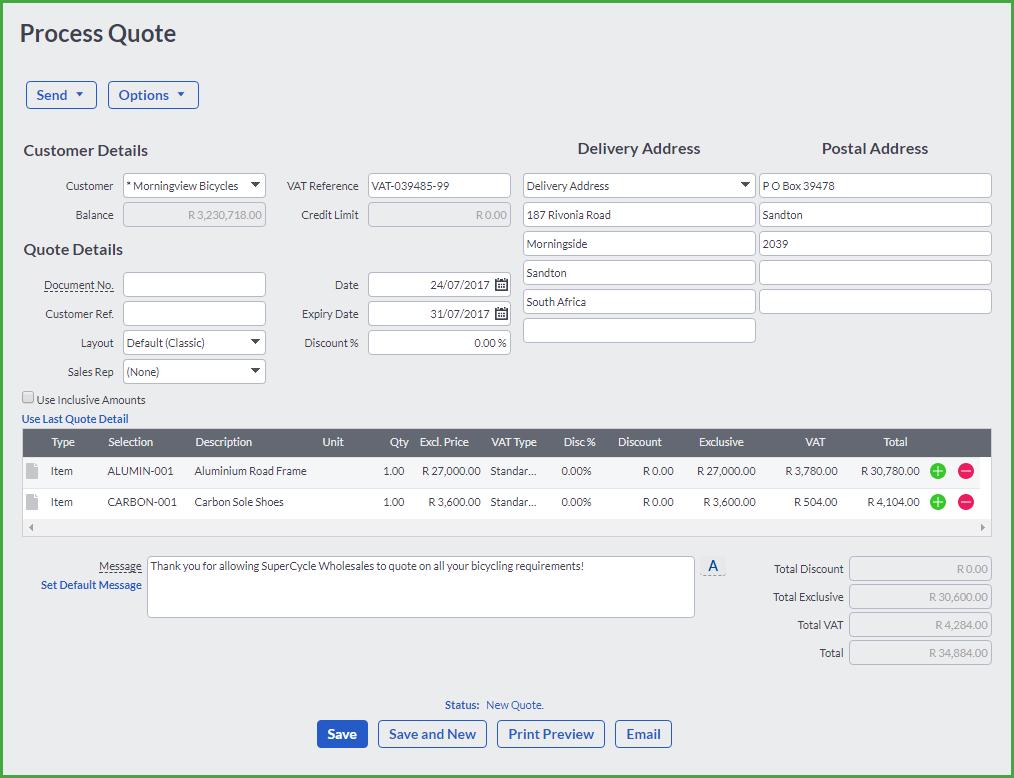 The Customer Quote Screen Below is a customer quote screen: If a customer requests a quote, click on the Customers Transactions Customer Quotes option.