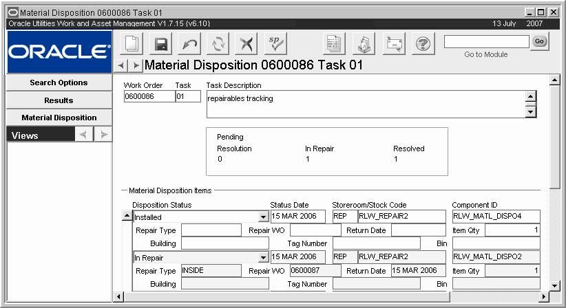 Material Disposition Records Material Disposition record The following fields are included: Work Order/Task/Description - The system copies information about the work order used to check the new part