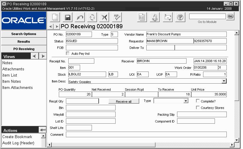 The PO Receiving window presents basic information about the Purchase Order as well as information about a single line item.