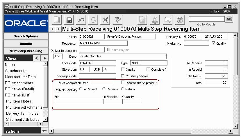 Multi-Step Receiving Process PO Items (Detail) - Receive view You can receive partial amounts of the quantities In Receipt.
