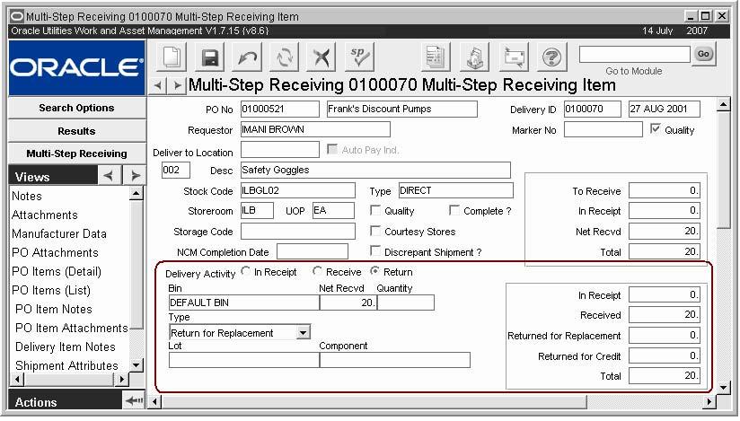 Multi-Step Receiving Process PO Items (Detail) - Return When you click the Return radio button on the PO Item (Detail) view, the bottom third of the window changes to facilitate returning items that