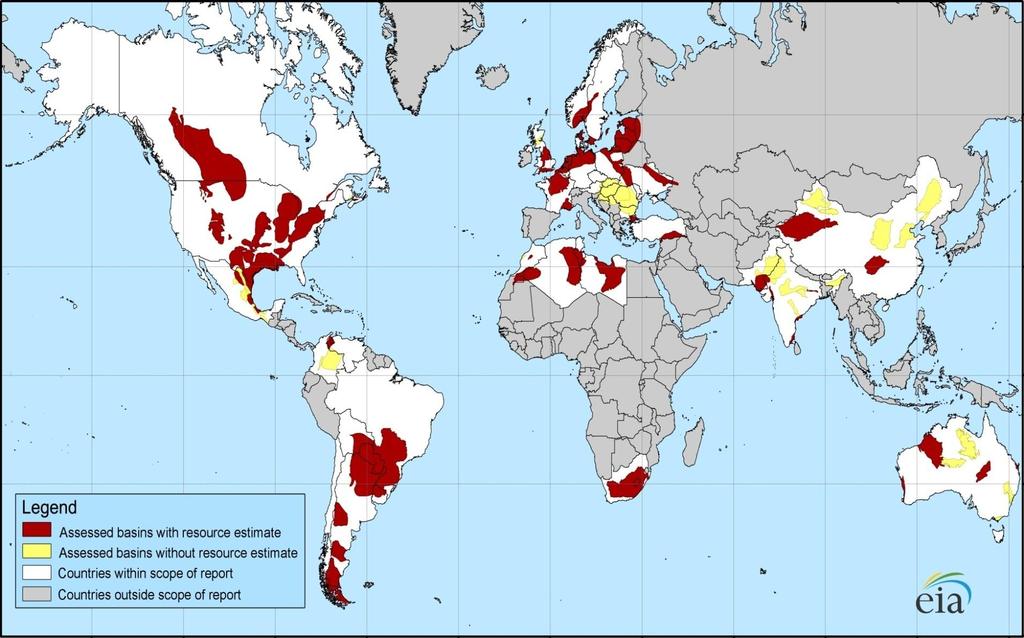 Initial assessment of shale gas resources in 48 major shale basins in 32 countries indicates a