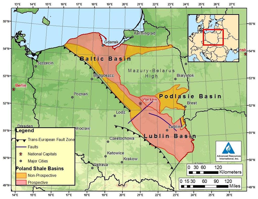 Poland s shale gas resources and basins Onshore Shale Gas Basins of Poland Poland appears to hold some of the geologically most favorable shale gas resources in Europe, primarily in three basins: