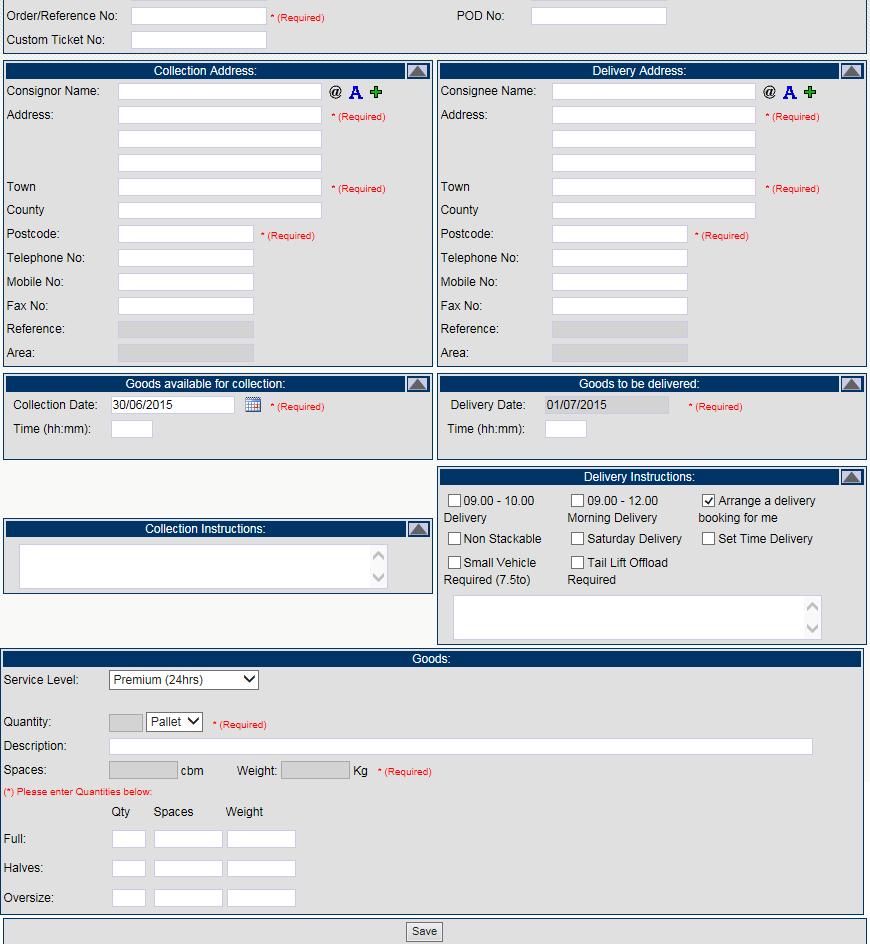 Entering Jobs Choose the menu option Create Job You will be presented with the following screen, fill in all sections highlighted in red: Save