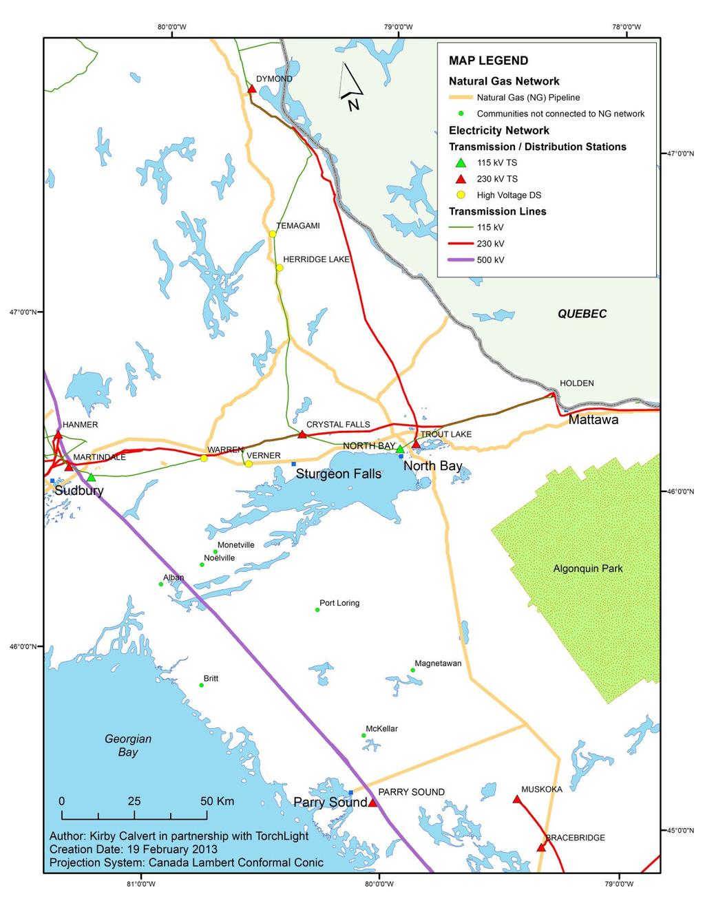 Electricity 2 Lines from Dymondto North Bay (115/230 kv) One 230 kv line E-W Sudbury to Mattawa Main N-S Line from Sudbury to