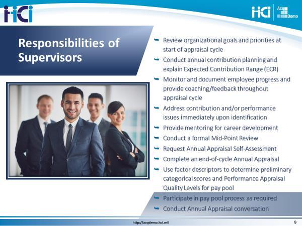2.3 Slide 9, Supervisory Responsibilities At the beginning of the appraisal period, or shortly after a new employee or supervisor reports for duty, the supervisor discusses expected contributions