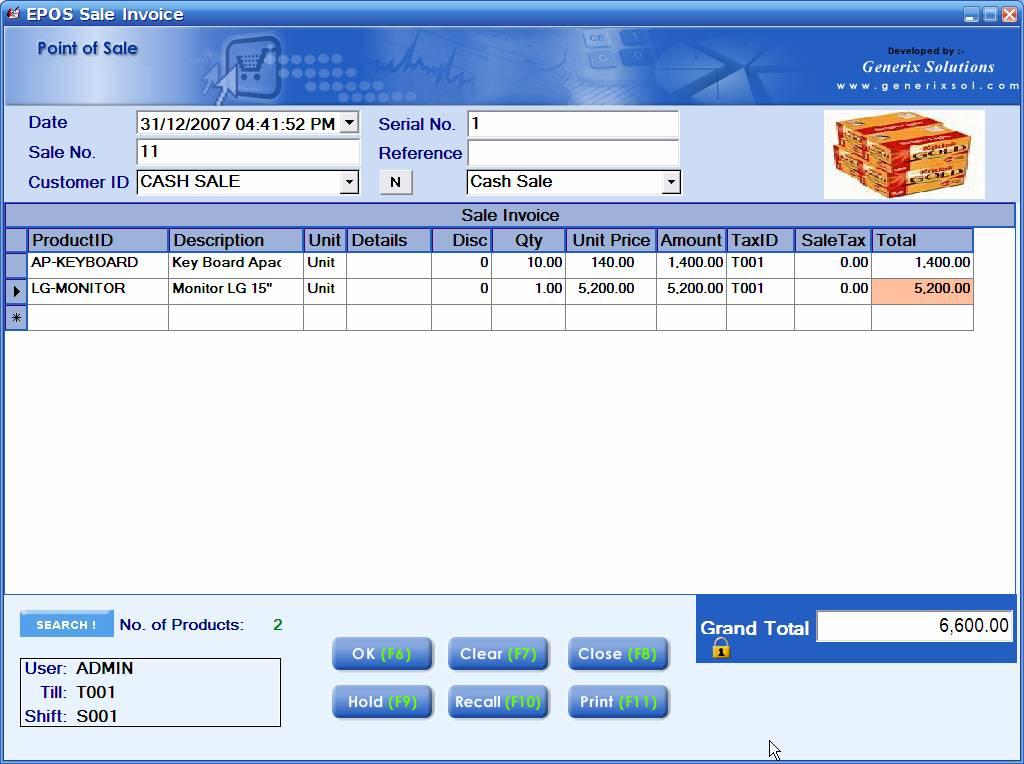 Figure: Point of Sale screen 704) "Auto Invoice No will be automatically displayed in Sale No field 705) Serial No will also be automatically displayed by the system.