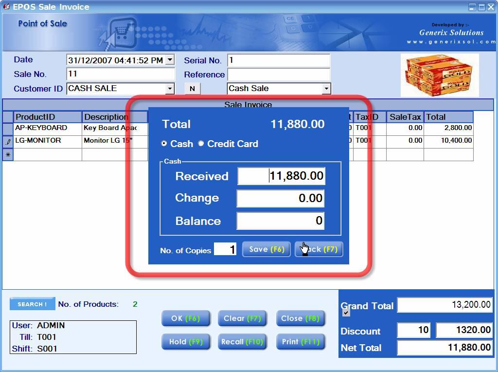 Figure: Cash collection screen at the time of saving the invoice 717) You can select Cash or Credit option at the time of payment collection 718) In case of Cash Payment, enter