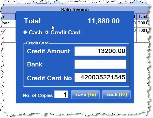 Figure: Credit Payment collection screen 720) You will be entering Received amount, Bank and Credit Card No. 721) Press <F6> or Save button again to finally save the invoice.