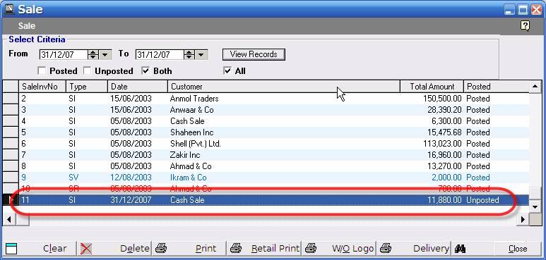 Figure: You can see POS Sales on Sale List 724) More buttons on the window 725) OK / F6 to save the invoice 726) Clear / F7 to clear the data entry window and start a new invoice.