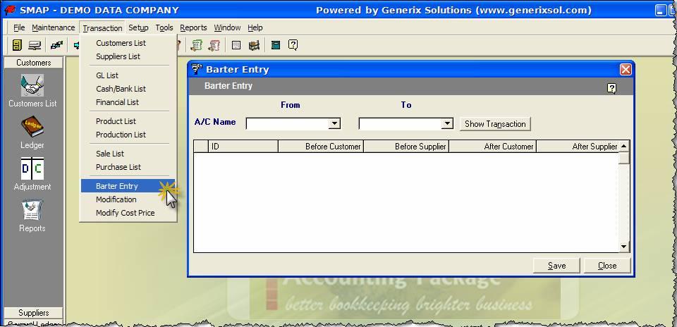 815) From the Transaction menu, select Barter Entry option. System will display following window.