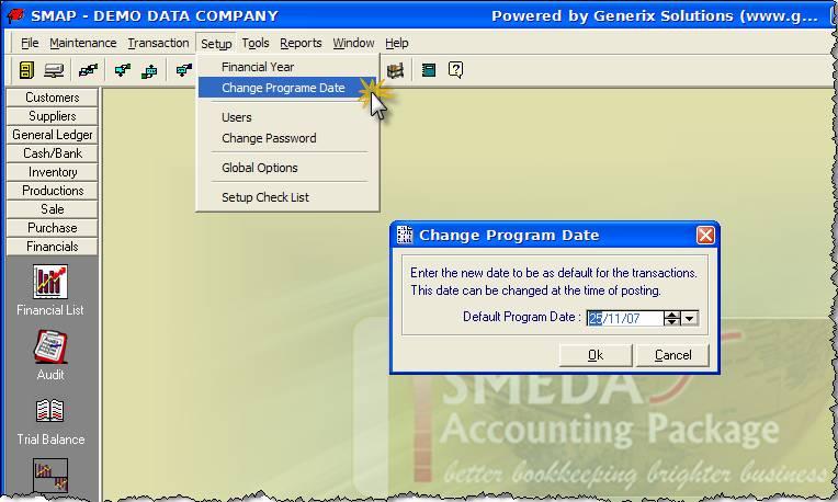Figure: Change Program Date option in Setup menu 826) If you want to transfer the current G/L