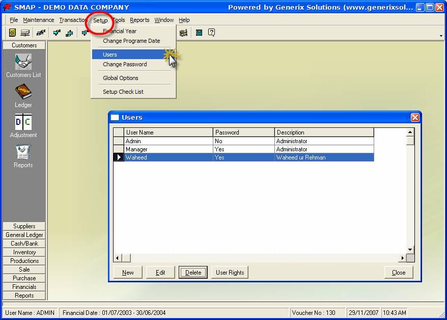 3.8) CONFIGURATION OF SMAP FOR YOUR BUSINESS 3.8.1) User Management 848) Choose User option from Setup menu.