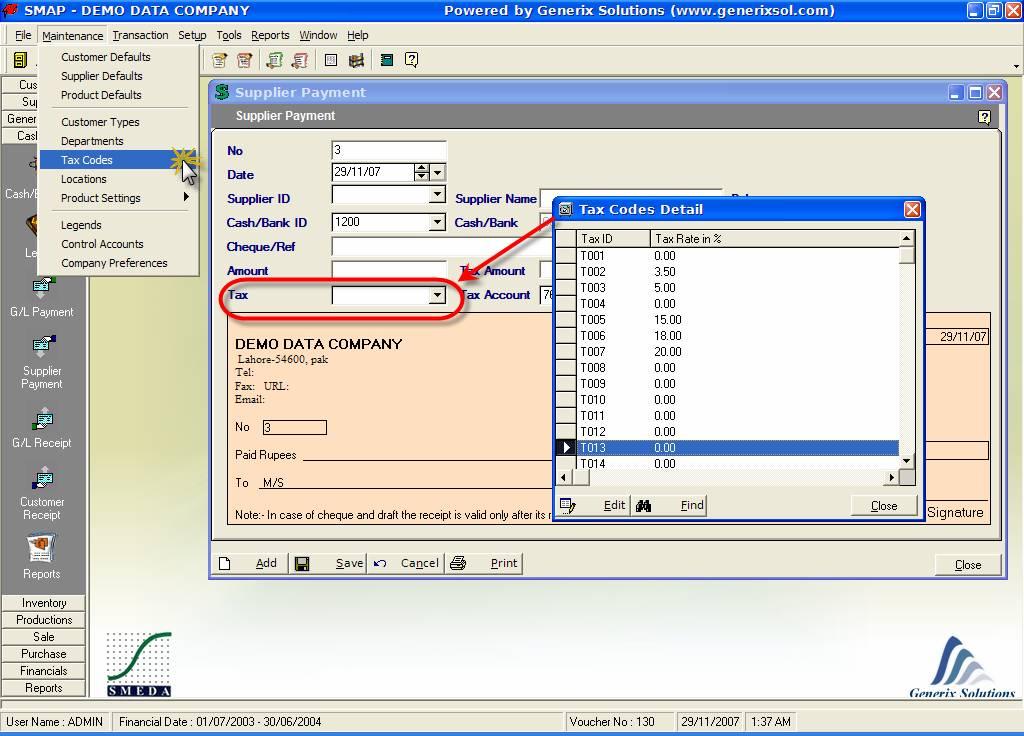Figure: Showing i) Tax Codes option in Maintenance menu, ii) Tax Codes definition window, and iii) Supplier Payment (as