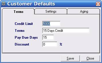 Figure: Customer Defaults window and three tabs on it 887) On