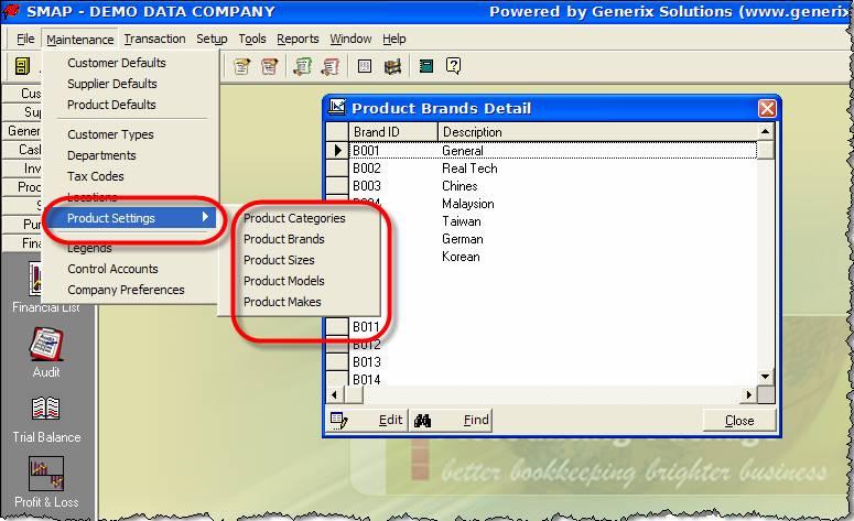 3.8.10) Production Setting Figure: Product Defaults and Product Record windows on which Categories, Brand, Make, Model etc. are being used.