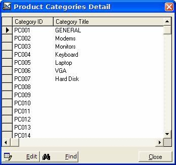 Figure: Product Categories window 937) System will open the window and show list of existing records.