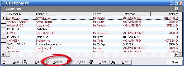 3.7.1.2) To delete a customer record 110) You can delete existing customer record through Customer's window list.