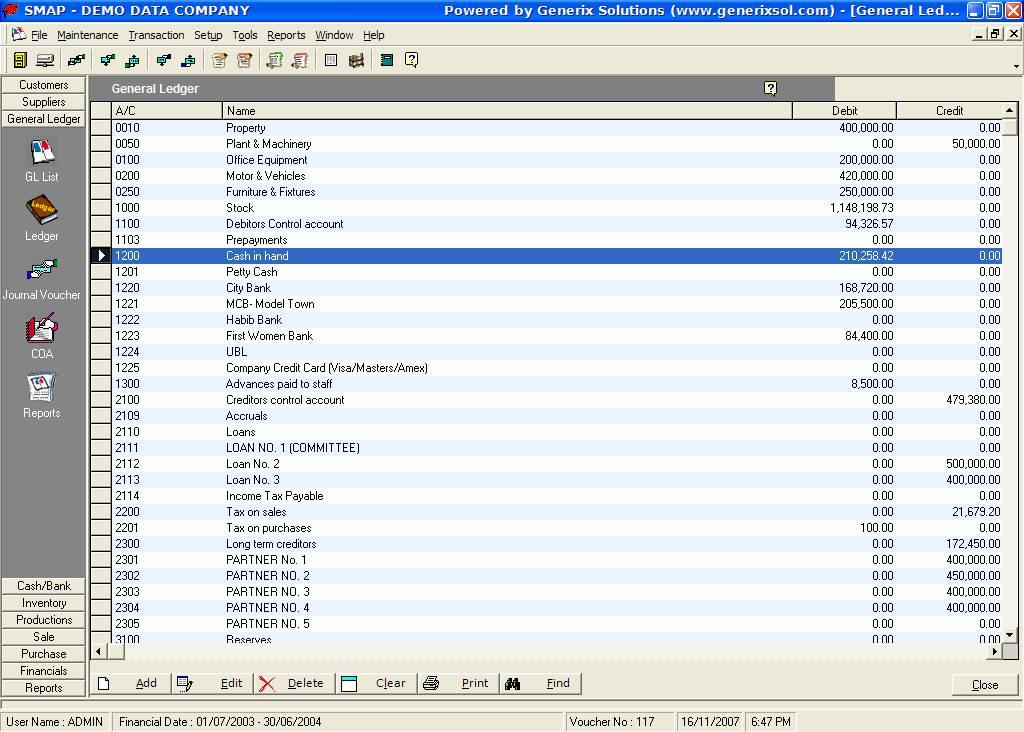7.3.2) G/L Accounts List Through G/L List window, you can view existing G/L Account (the 3 rd level of Chart of
