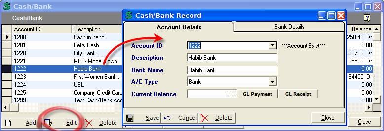 276) Creating a Bank Account 277) If the A/c Type is selected as Bank, then you can enter some bank details of this account. To do so, click on Bank Details tab.