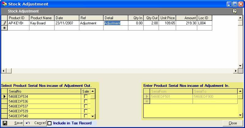 3.7.5.6) Stock Adjustment Figure: Stock Adjustment window with option to adjust Serial Nos too.