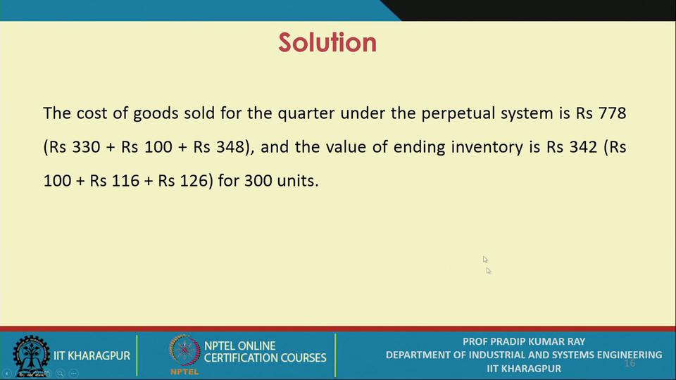 (Refer Slide Time: 19:52) So, the cost of goods sold for the quarter under the perpetual system is rupees 778.