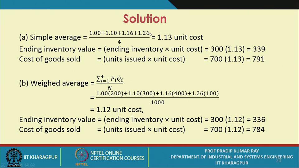 (Refer Slide Time: 23:35) So, if you apply simple average what you try to do? You have all these 4 unit prices unit price that is 11.1 1.16 1.26. So, simple average divided by 4.