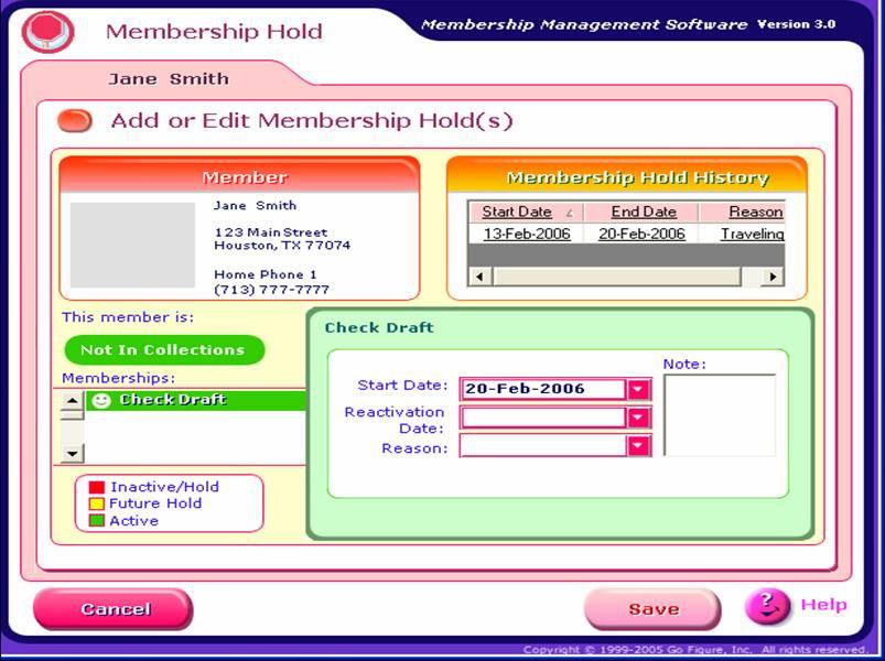 Membership Hold Version 3 allows an individual membership to be placed on hold for a variety of reasons, such as medical, travel, etc.