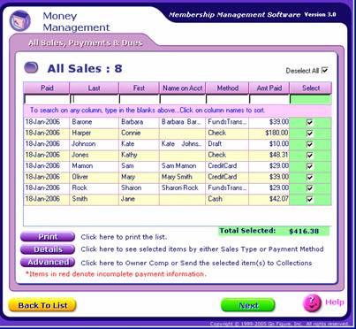 3. Click OK after choosing the correct date, and the All Sales, Payments & Dues screen appears: Note: All payments (credit