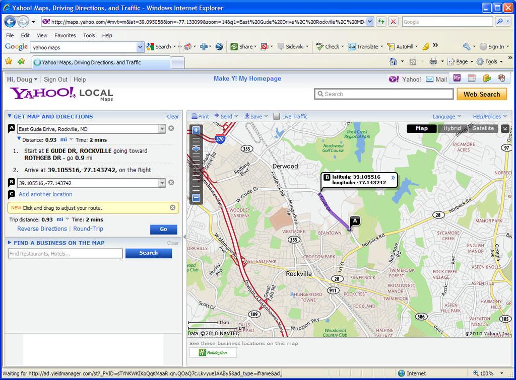 We right click on our project site (point B) and select Drive to here and Yahoo! Maps puts the point B latitude and longitude coordinates in the corresponding box.