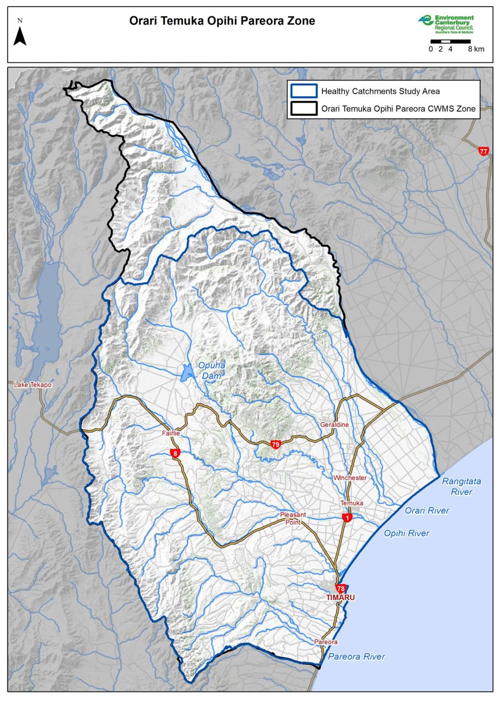 Figure 1. Boundary of the Healthy Catchments project The Zone comprises three main catchments - Orari, Opihi, and Pareora rivers and their associated spring fed streams, lowland lagoons and hapua.