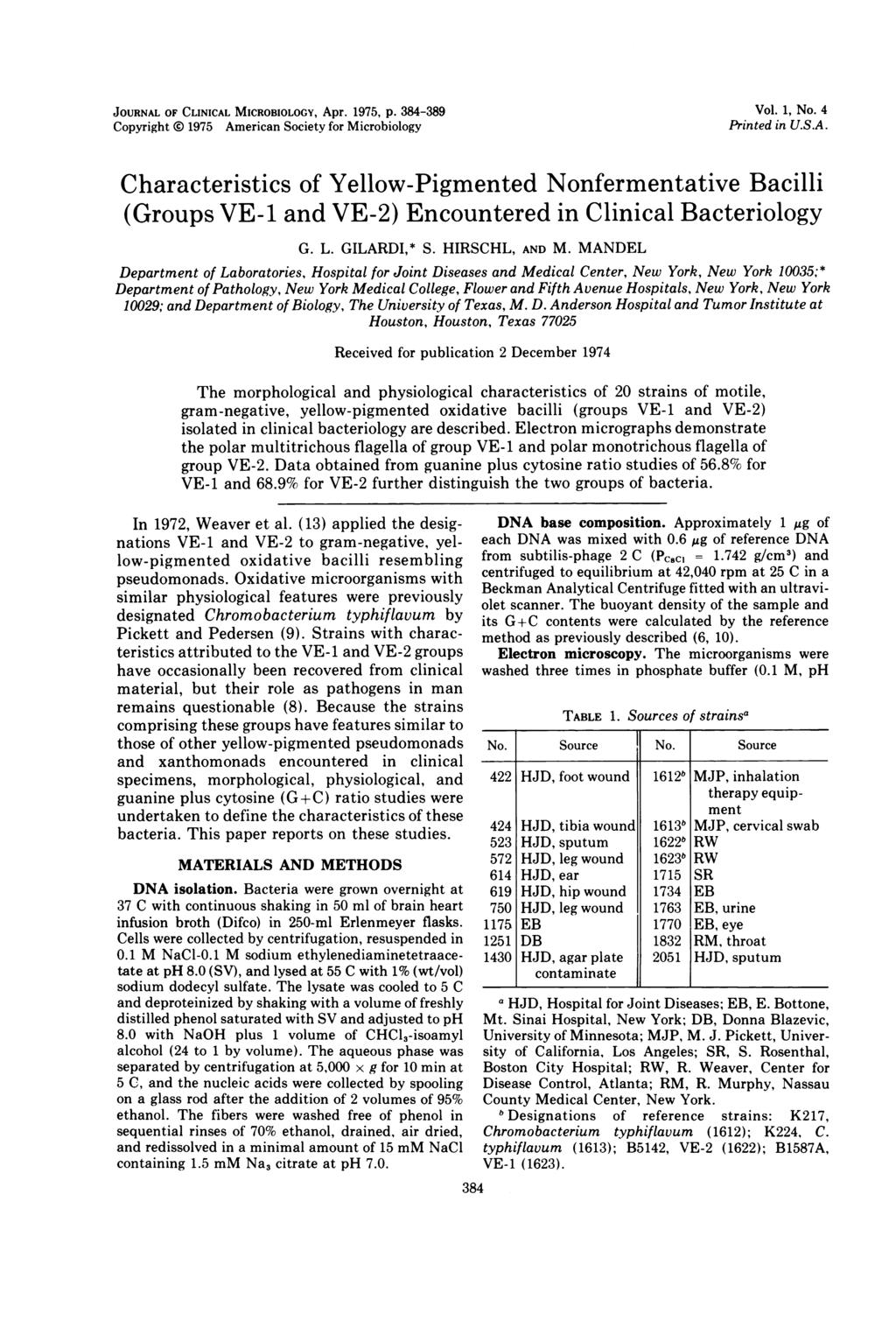 JOURNAL OF CLINICAL MICROBIOLOGY, Apr. 1975, p. 384-389 Copyright ( 1975 American Society for Microbiology Vol. 1, No. 4 Printed in U.S.A. Characteristics of Yellow-Pigmented Nonfermentative Bacilli (Groups VE-1 and VE-2) Encountered in Clinical Bacteriology G.