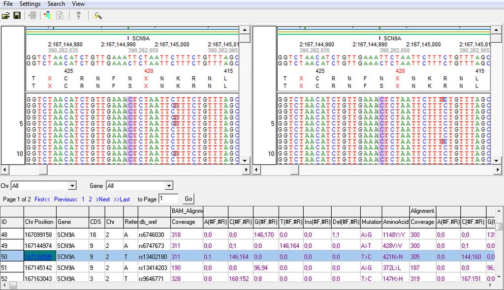 Figure 8: A comparison between the TMAP alignment (imported from a BAM file using NextGENe s BAM Reader tool) and the NextGENe alignment for the Inherited Disease Panel sample After calling