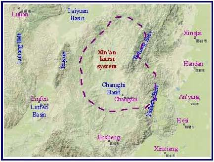 Fig. 1. Location Map of Xin an Karst groundwater Basin In geology, the Xin an Karst system occurs in early Cenozoic Changzhi Basin.