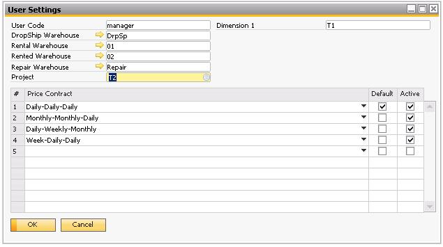 The User Settings menu option opens the Rental User Settings form, as shown in Figure Rental 1.9.1: Figure Rental 1.11.