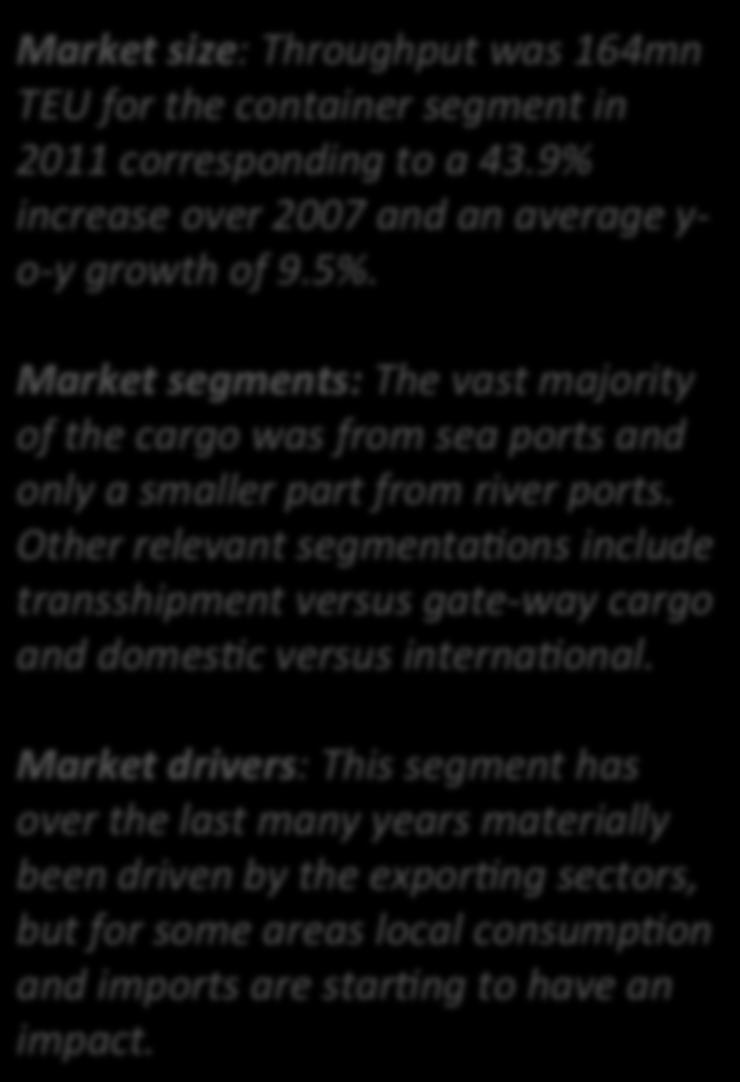Container segment 180,000 160,000 140,000 120,000 100,000 80,000 60,000 40,000 20,000 TEU 114,000 128,000 122,000 146,000 164,000 11% Market size: Throughput was 164mn TEU for